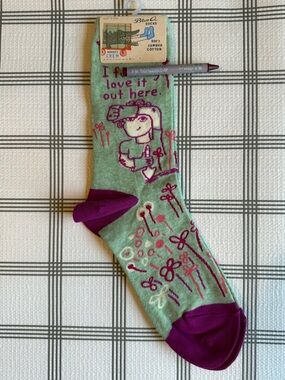 Blue Q Green Crew Socks with Purple Accents and Floral Print